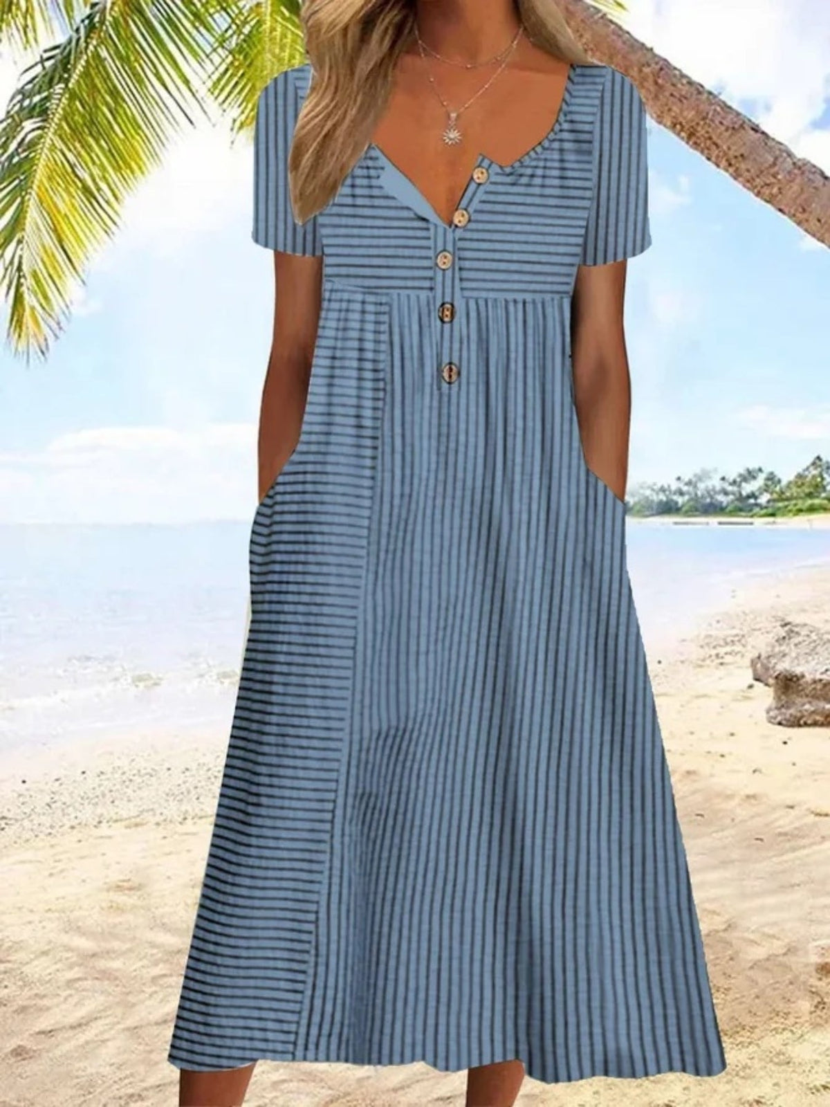Striped Print Button Front Dress, Casual Short Sleeve Simple Dress