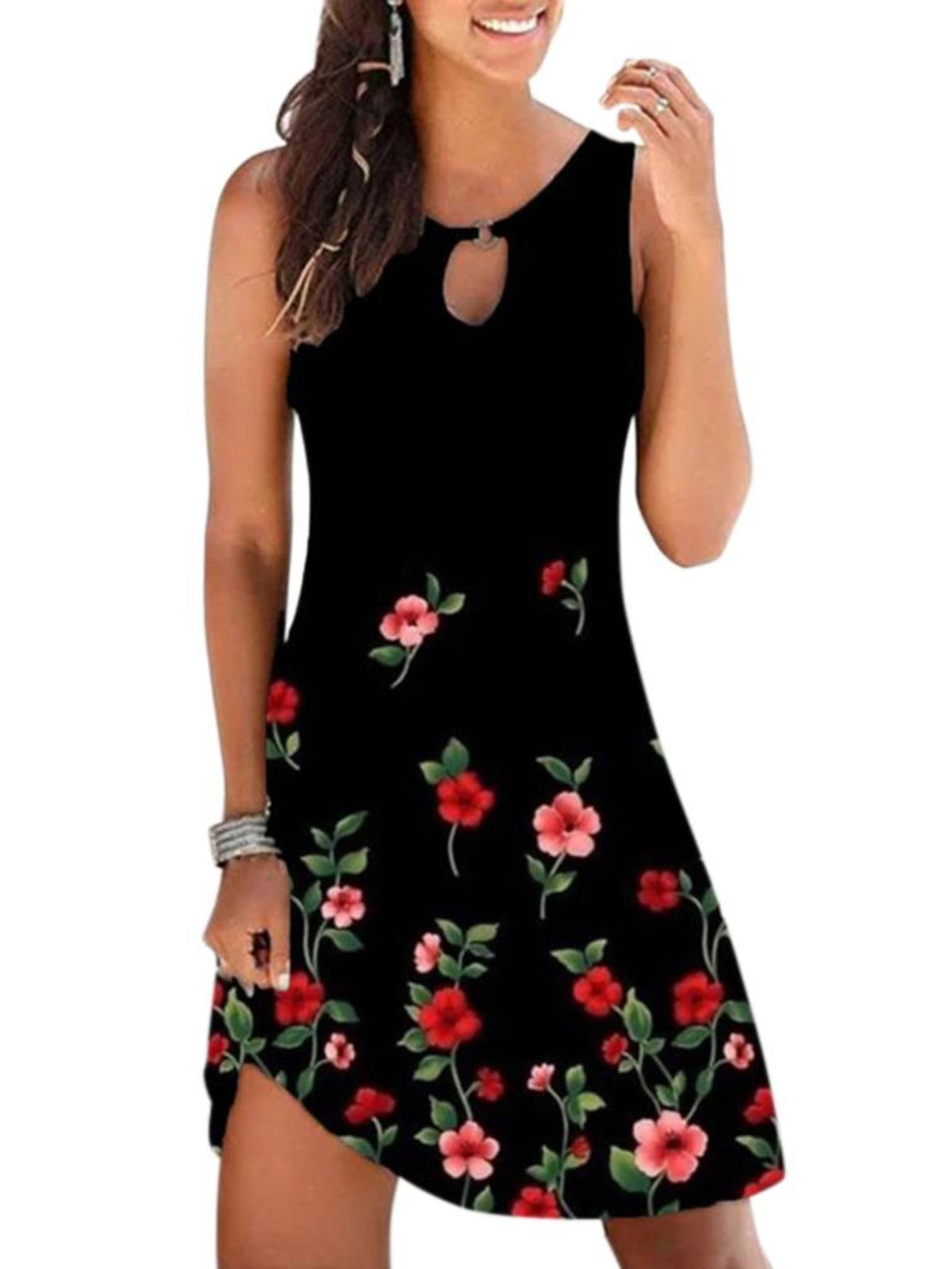 Floral Print Sleeveless Crew Neck Dress, Party Bodycon Loose Stylish Dress