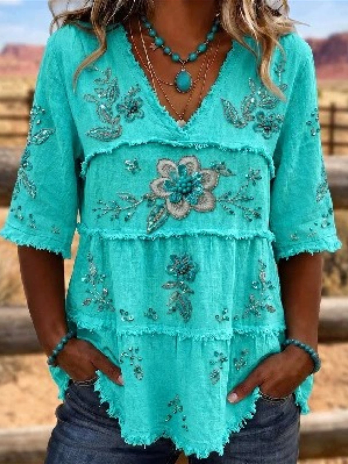 V Neck Floral Print Tiered Blouse with Frayed Trim