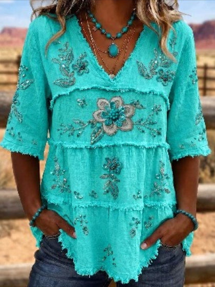 V Neck Floral Print Tiered Blouse with Frayed Trim
