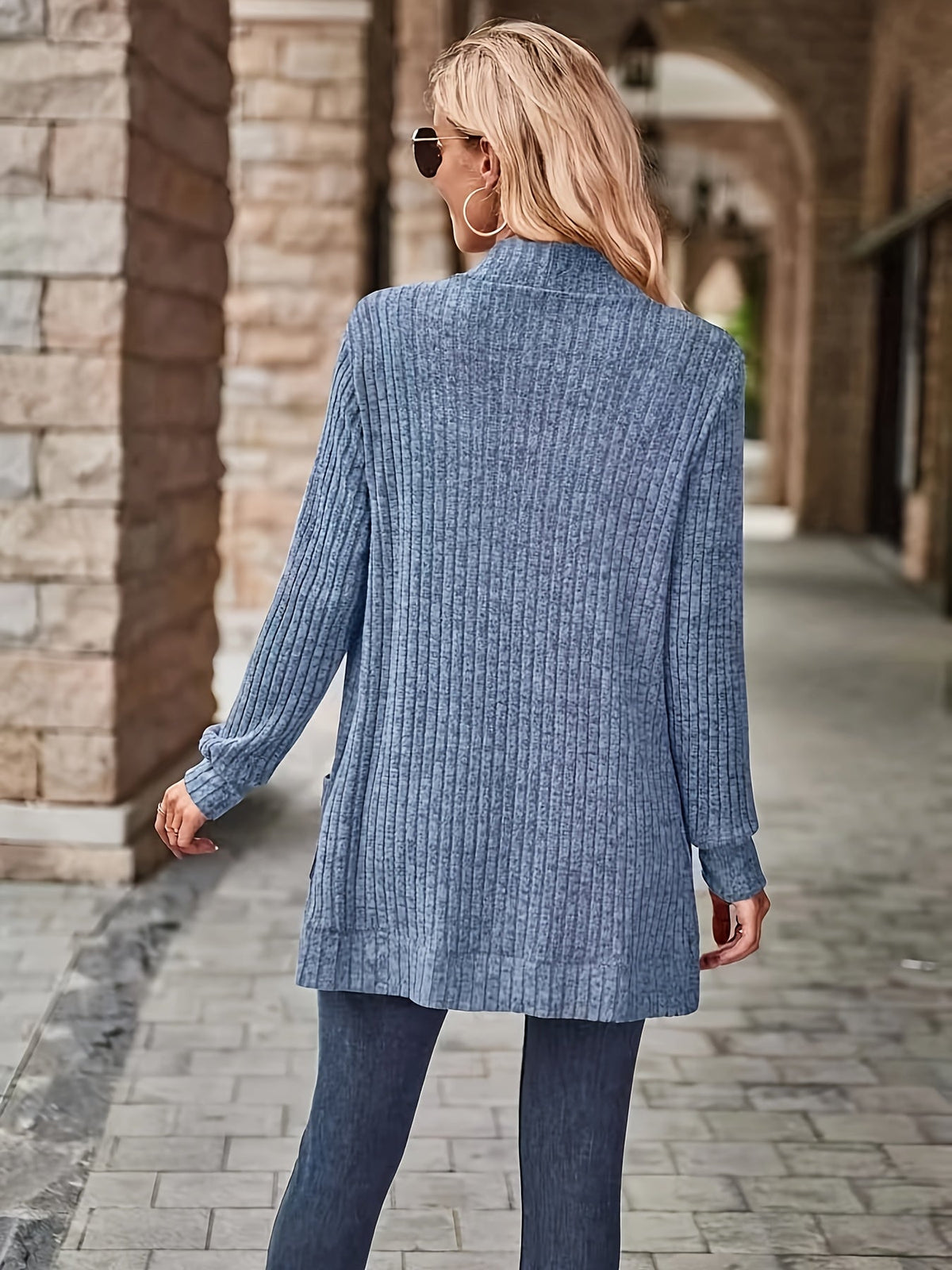Solid Open Front Cardigan, Casual Long Sleeve Drop Shoulder Outwear