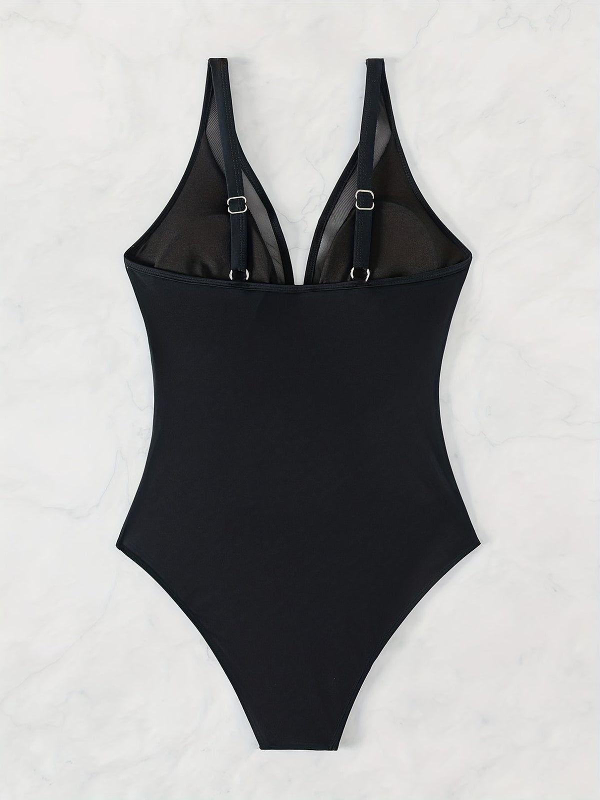 Solid Mesh Contrast One-piece Swimsuit, V Neck Stretchy Ruched Bathing Suits