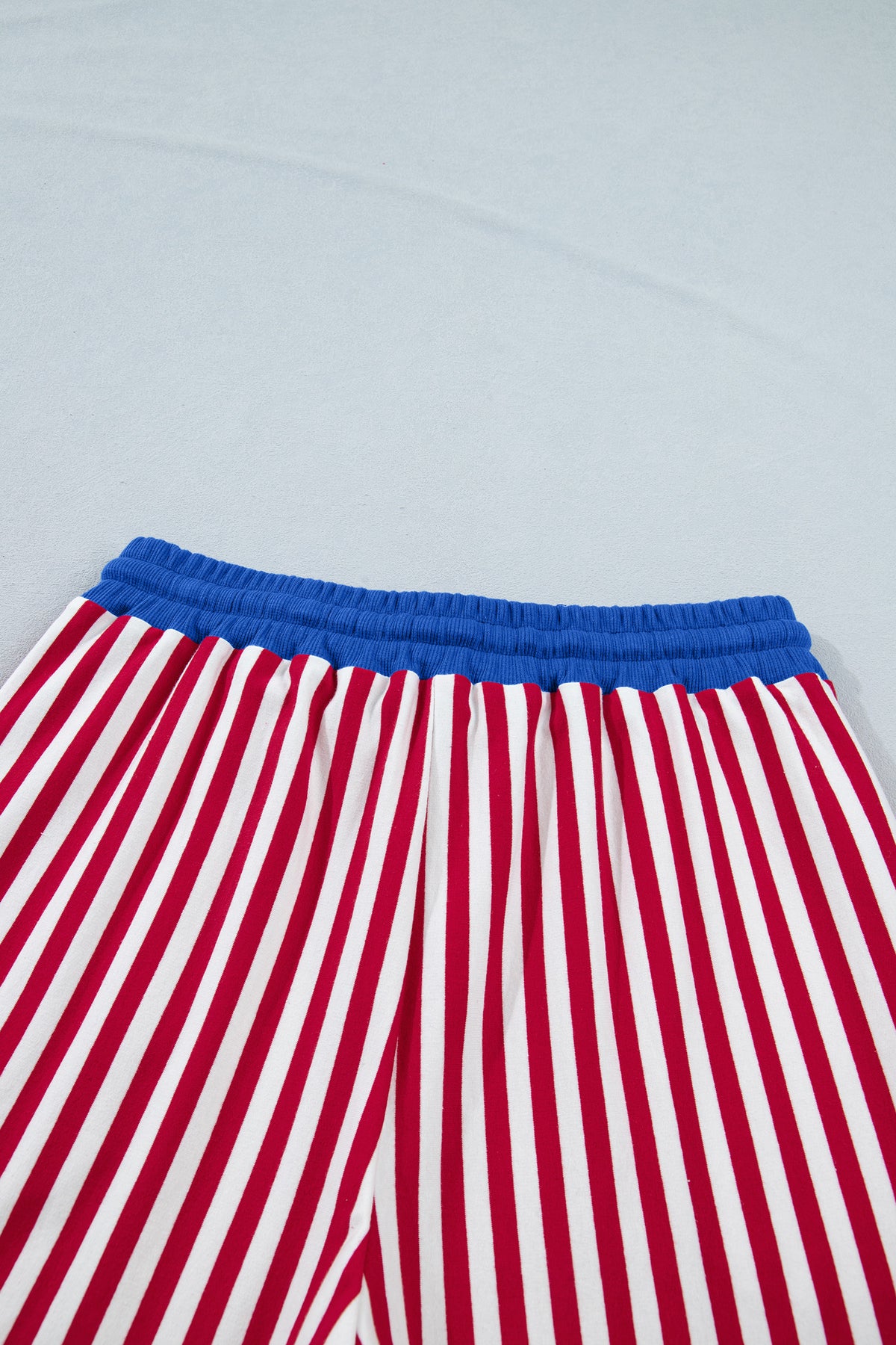 Red Stripe Colorblock Trim V Neck Tee Drawstring Elastic Waist Short Set