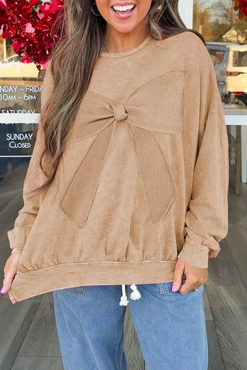 Light French Beige Mineral Wash Big Bow Patchwork Pullover Sweatshirt