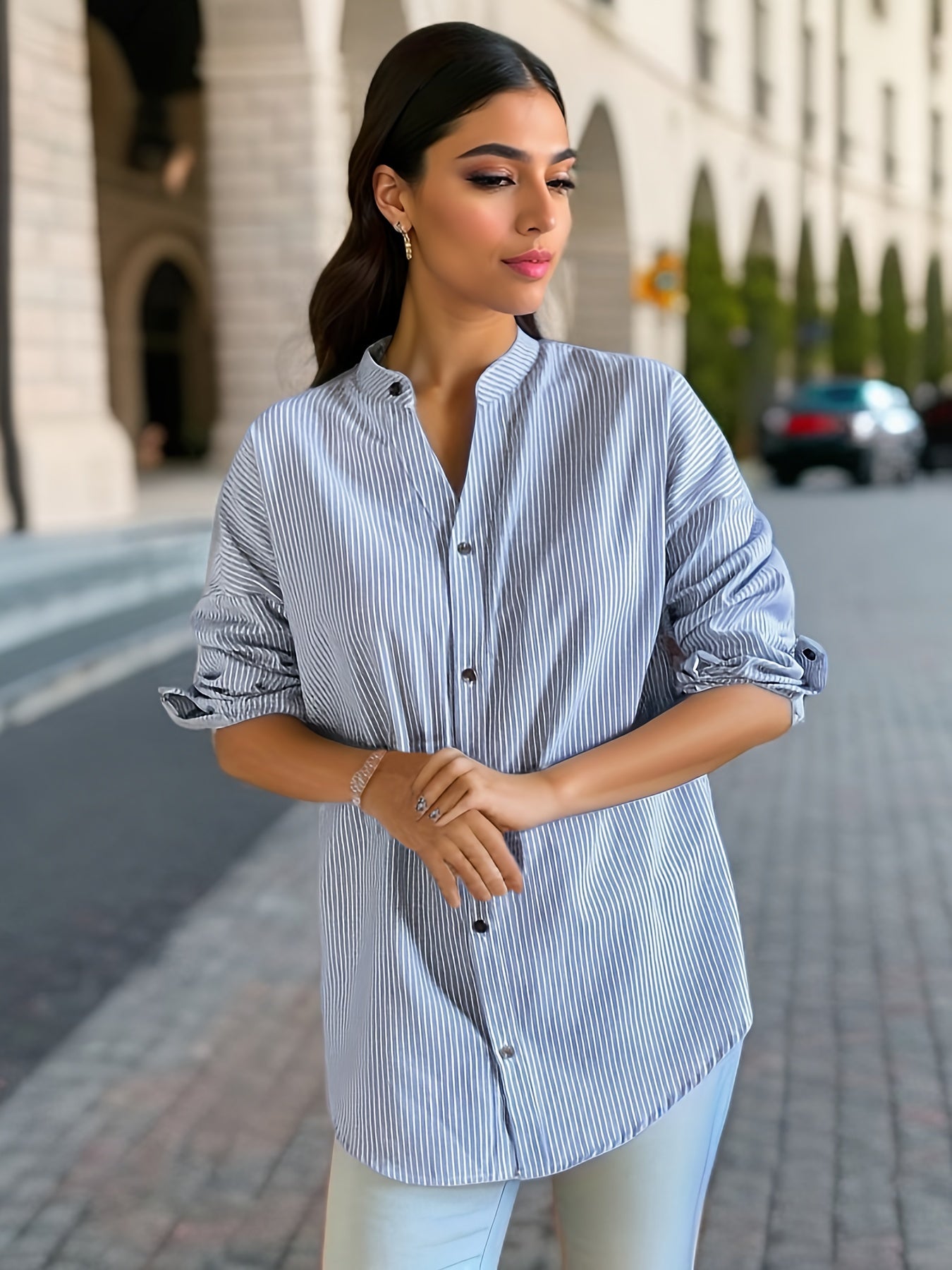 Women's Stripe Print Button Front Blouse - Casual Long Sleeve Top