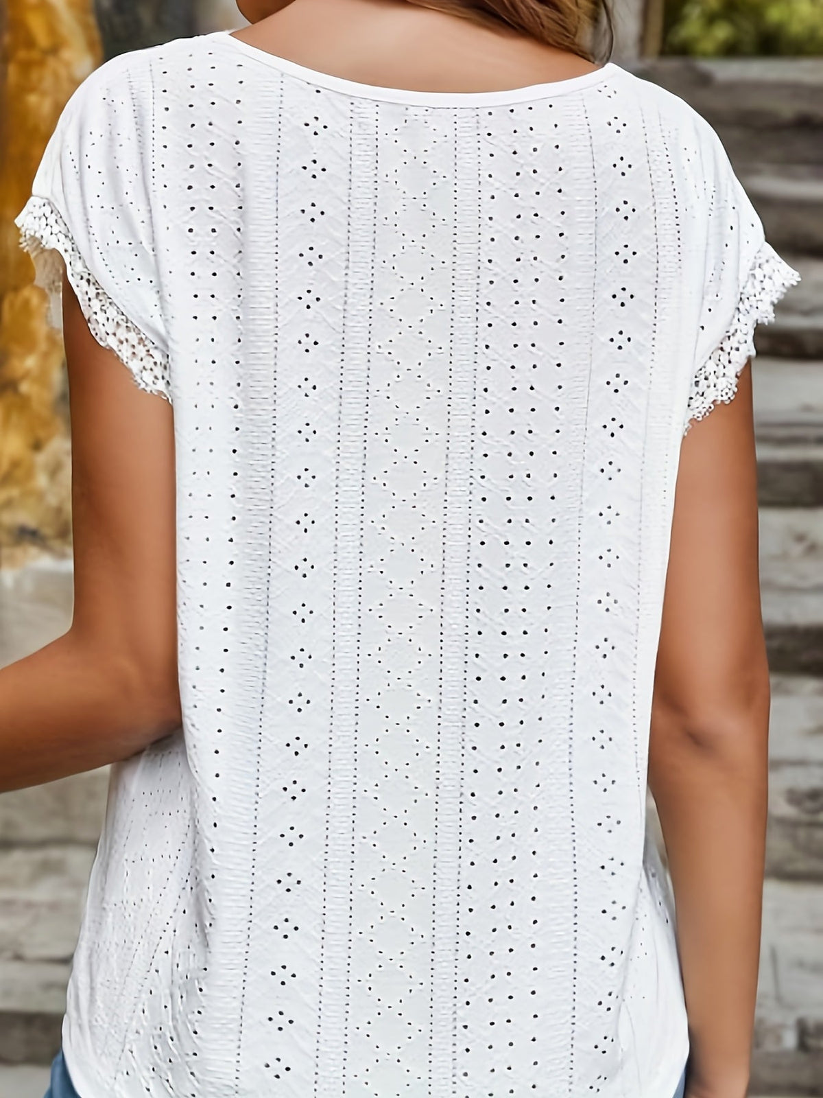 Elegant T-shirt, Women's Eyelet Embroidery Contrast Lace Trim V Neck Short Sleeve Slight Stretch T-shirt