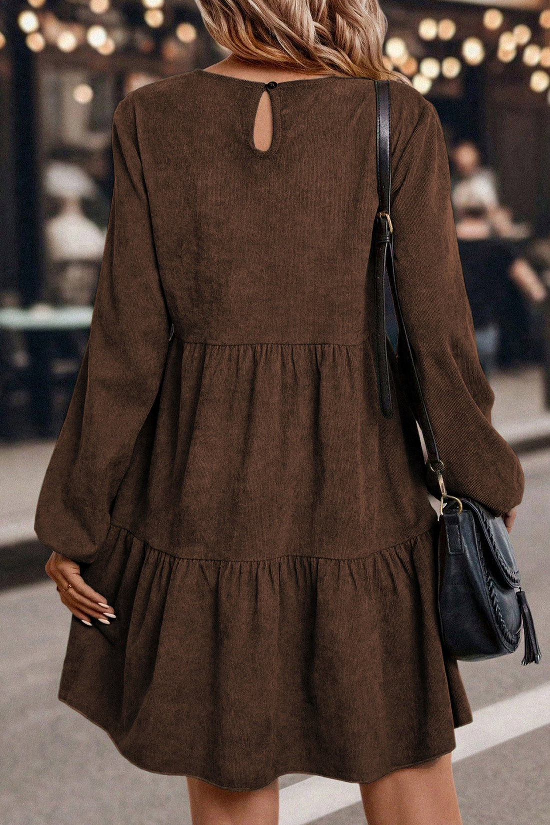 Dark Brown Lantern Sleeve Tiered Mini Dress