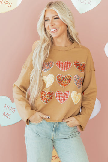 Straw Yellow Plaid Floral Heart Stitched Exposed Seam Mineral Wash Sweatshirt