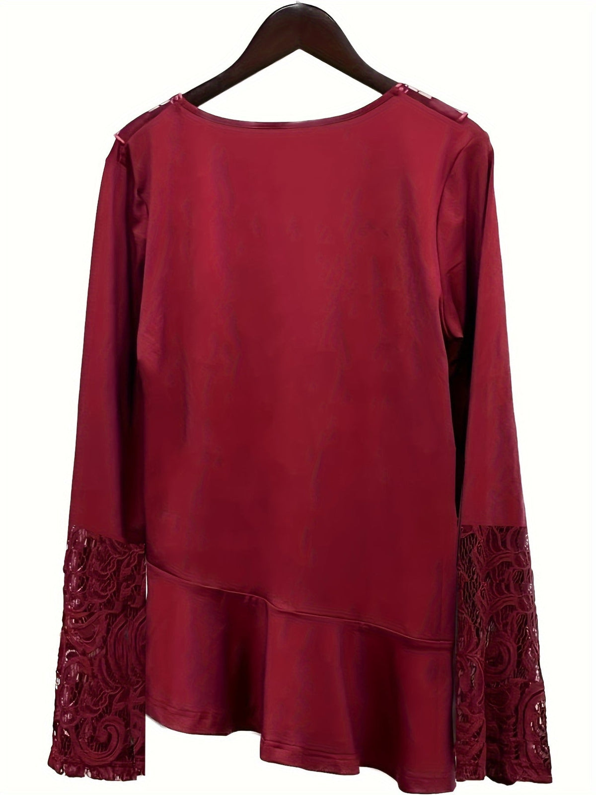 Contrast Lace Ruffle Hem Crew Neck T-Shirt, Casual Long Sleeve Top