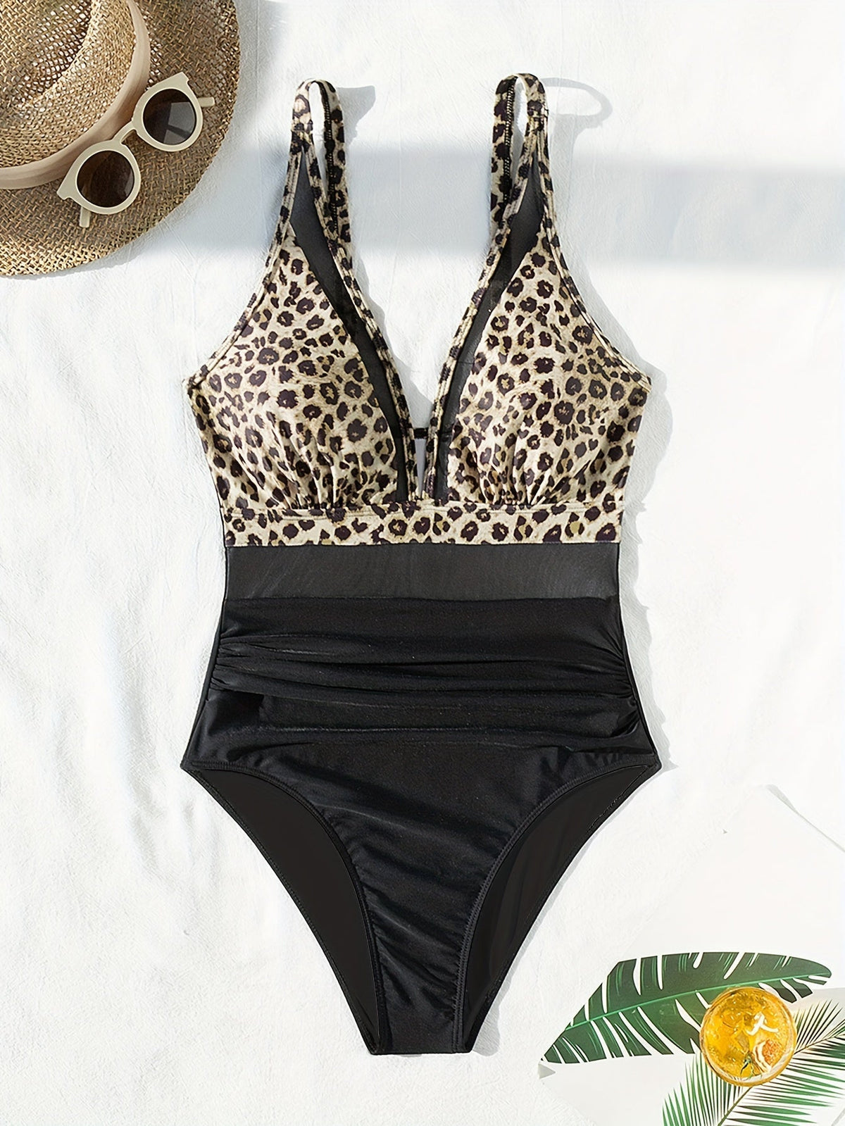 Solid Mesh Contrast One-piece Swimsuit, V Neck Stretchy Ruched Bathing Suits
