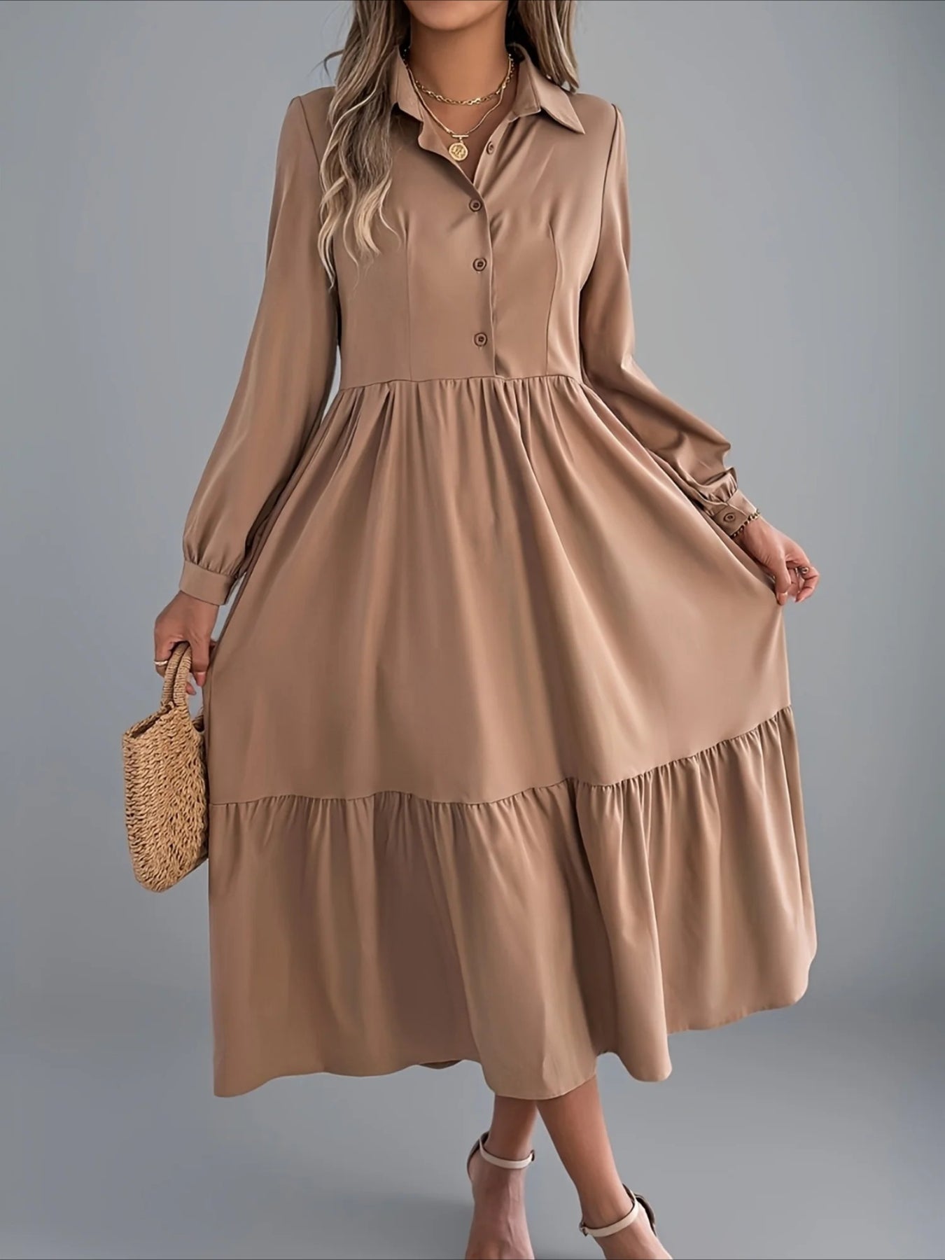 Elegant Solid Color Ruffle Hem Long Sleeve Lapel Collar Midi Dress