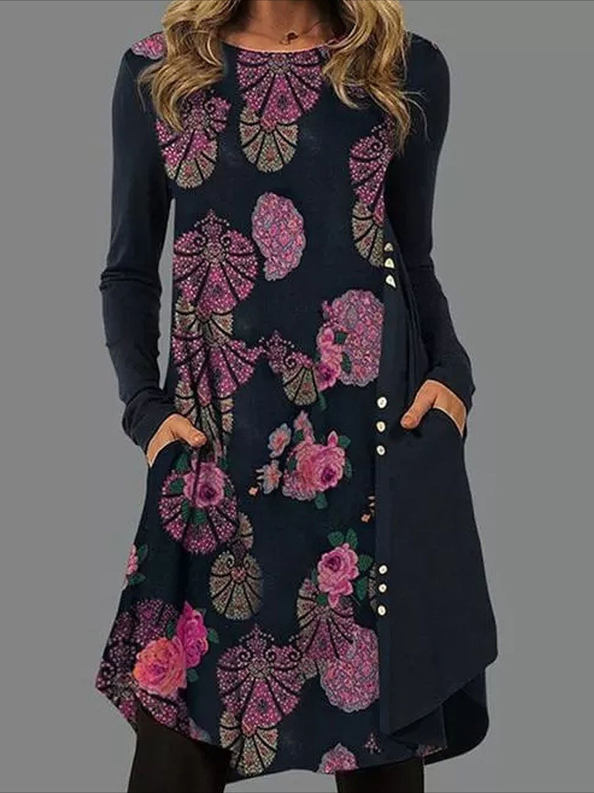 Graphic Print Dress with Long Sleeves and Pockets - Casual and Comfortable