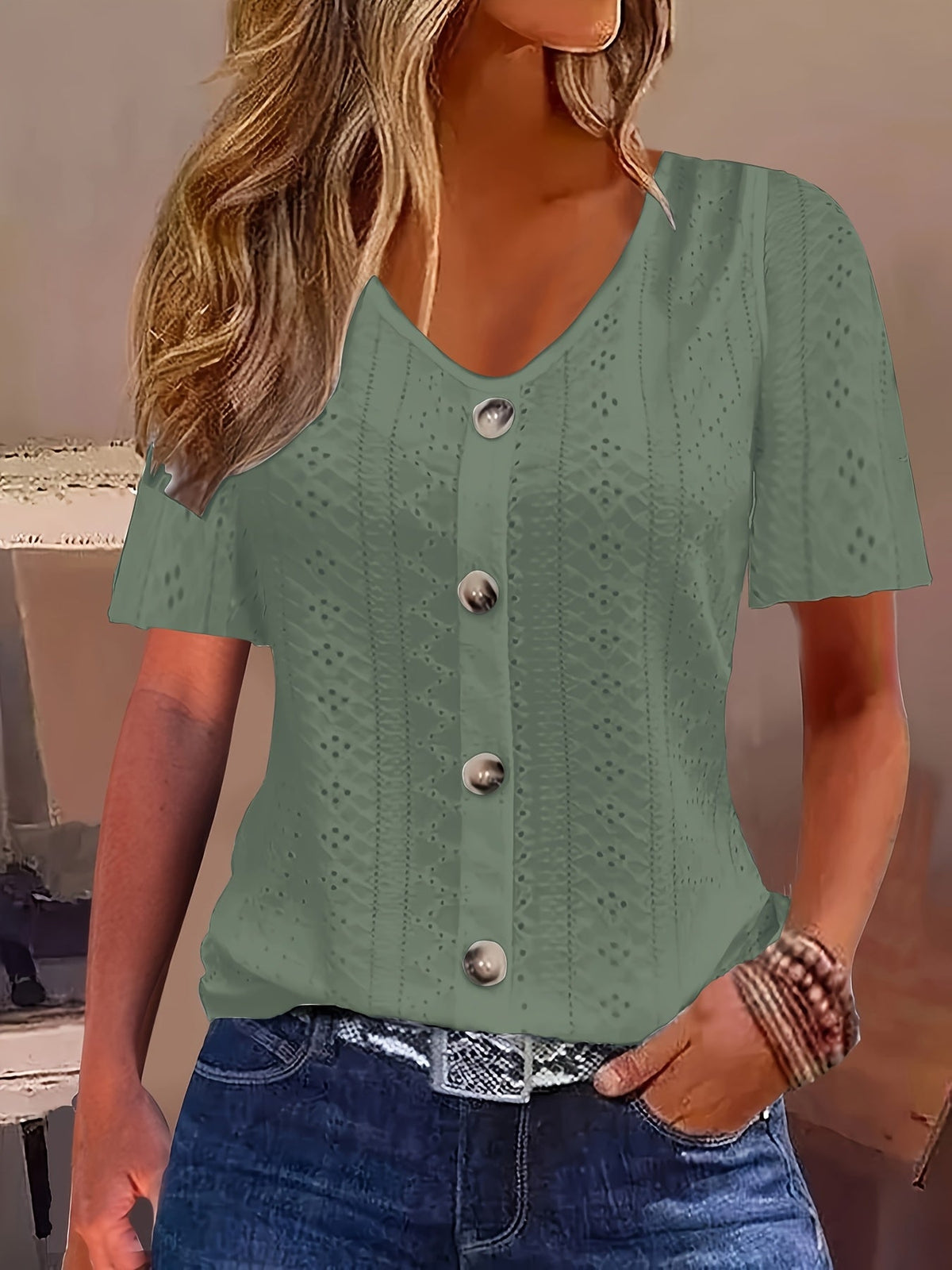Elegant V-Neck Short Sleeve T-Shirt with Decorative Buttons