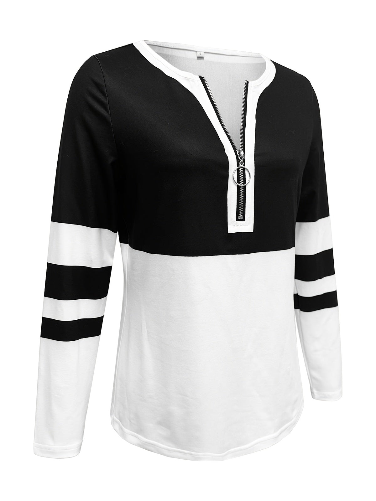 Stylish Color Block V-Neck Long Sleeve T-Shirt with Zipper Detail