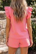 Coral Paradise Half Zipped Ruffled Short Set