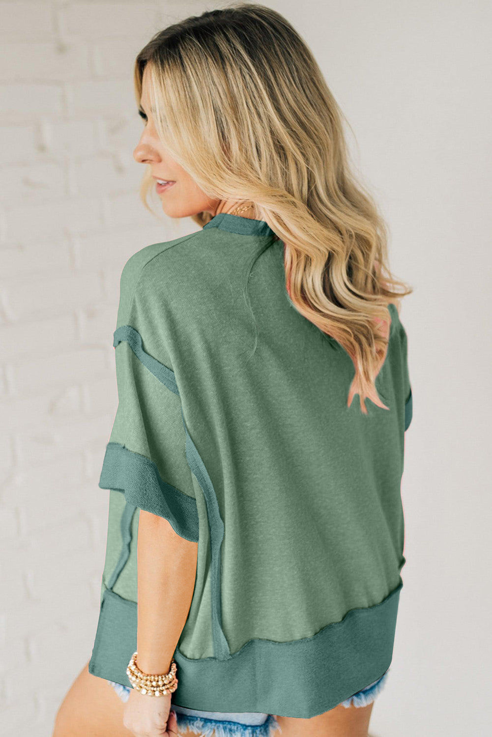 Smoke Green Half Sleeve Raw Seam High Low Side Split Top