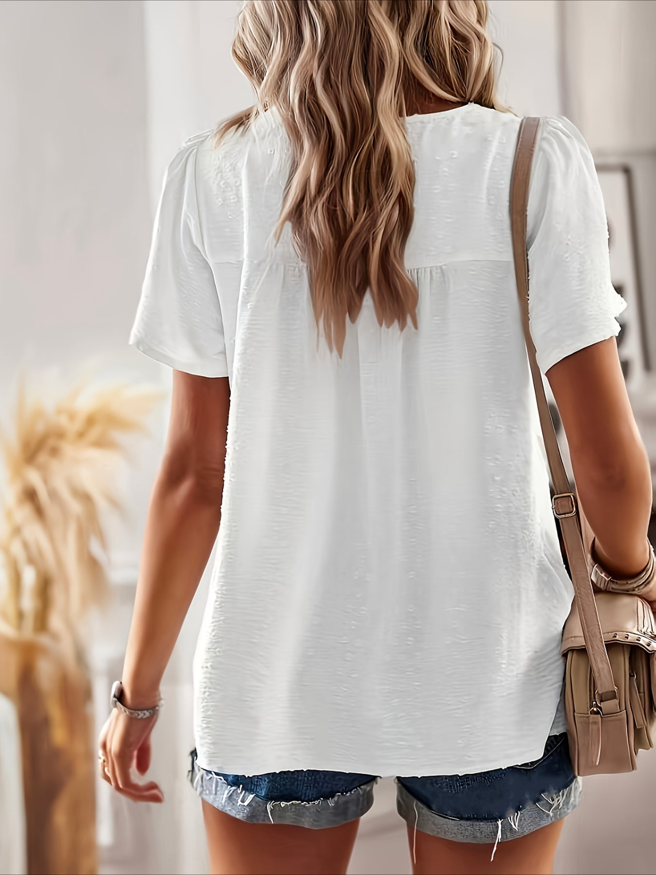 Swiss Dot Butterfly Sleeve Lace Detail Round Neck Casual Shirt