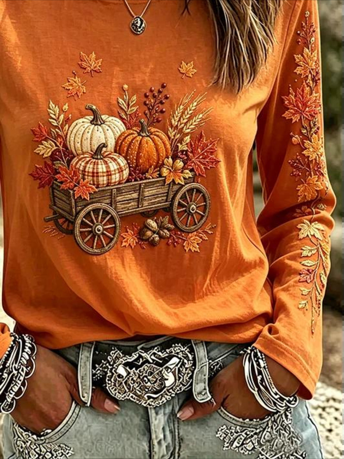 Orange Maple Leaf Printing Jersey Crew Neck Long Sleeve T-shirt