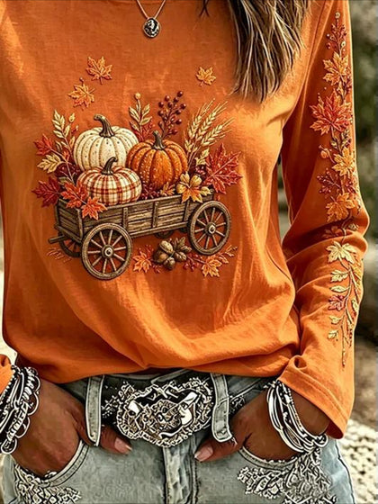Orange Maple Leaf Printing Jersey Crew Neck Long Sleeve T-shirt