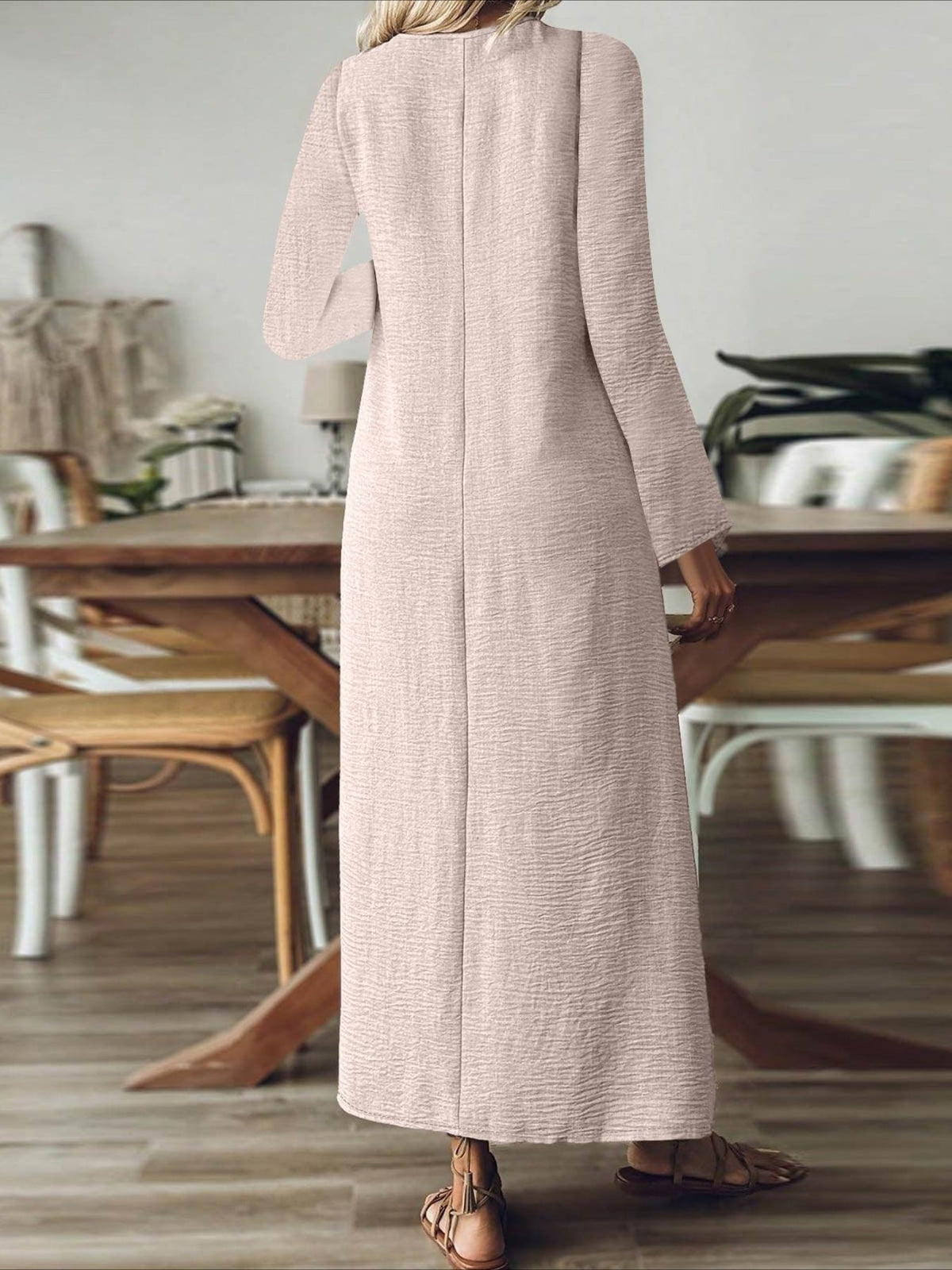 Back Zipper Solid Color Long Sleeve Cotton and Linen Dress