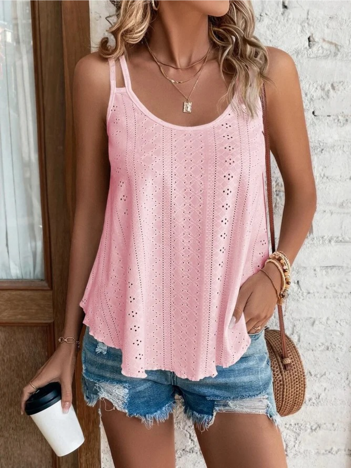 Eyelet Lettuce Trim Cami Top, Casual Sleeveless Scoop Neck Versatile Cami Top