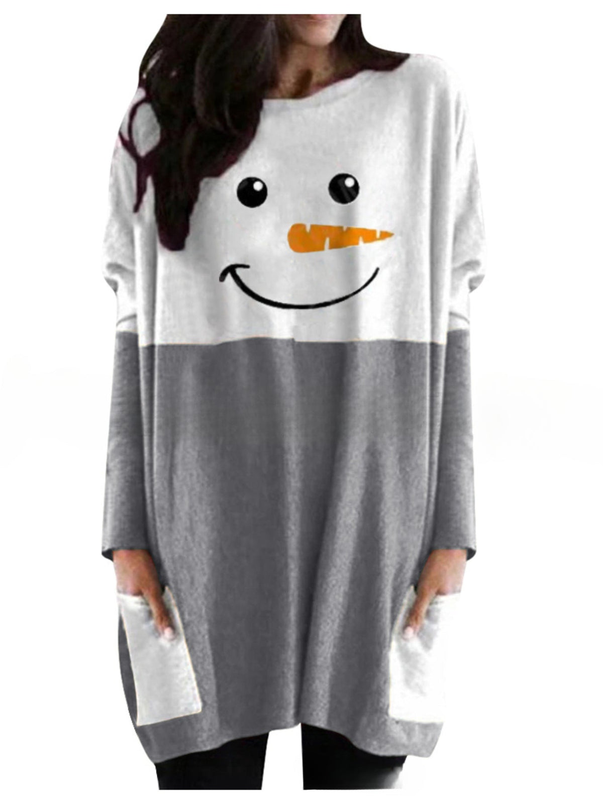 Christmas Cute Dress, Women's Snowman Print Long Sleeve Round Neck Tee Dress With Pockets