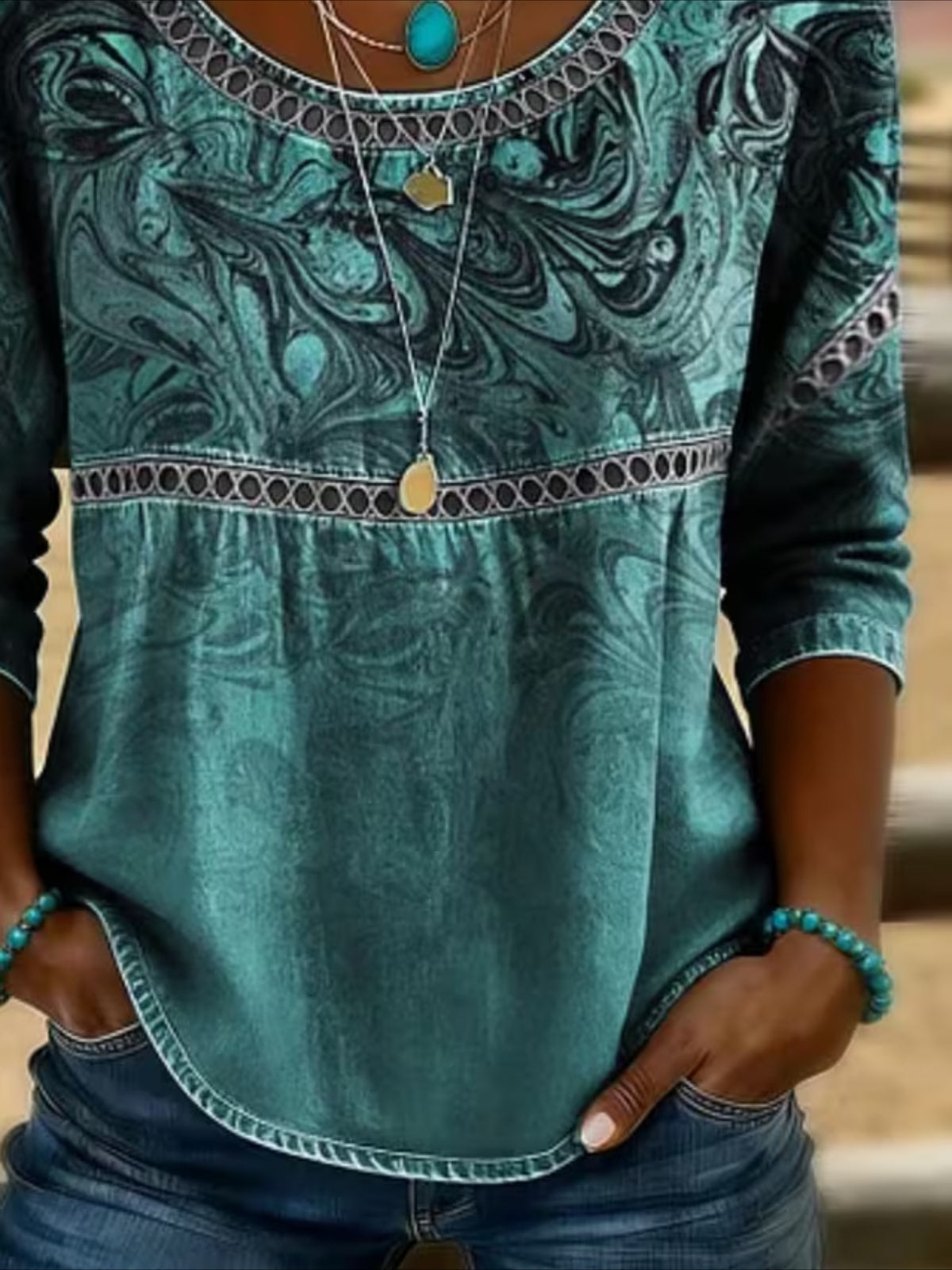Flower Printed Mid Sleeve Pleated Round Neck Top