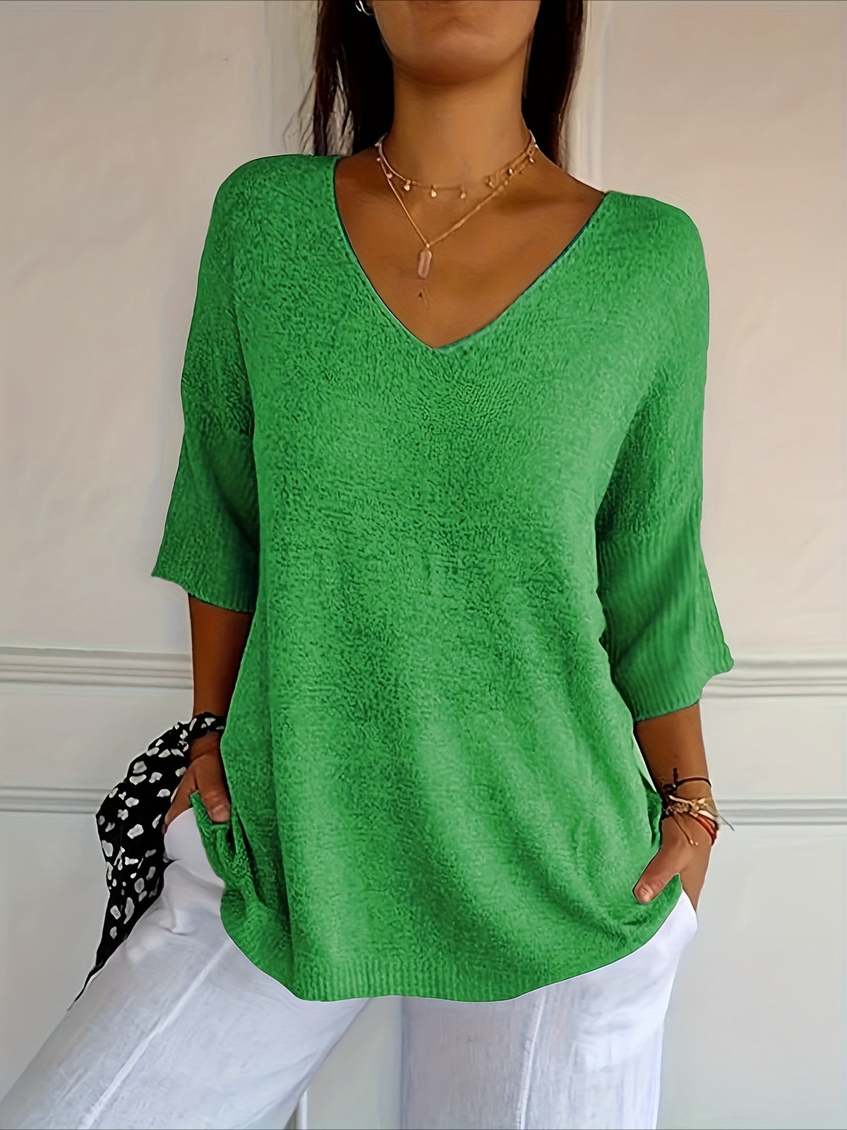 Lightweight Soft Casual 3/4 Sleeves V-Neck Sweater