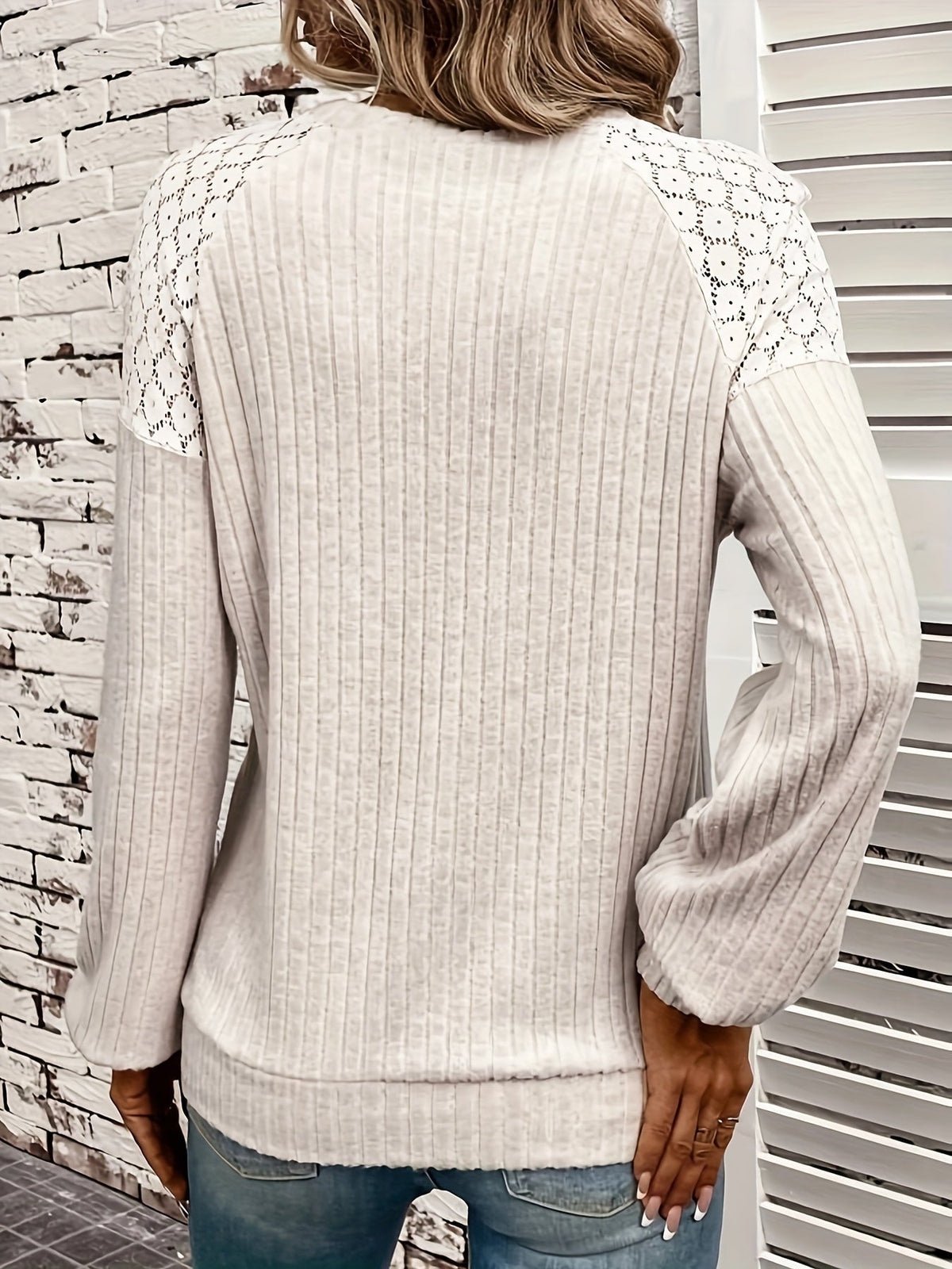 Lace Panel Ribbed Knit T-Shirt, Casual Crew Neck Long Sleeve T-Shirt