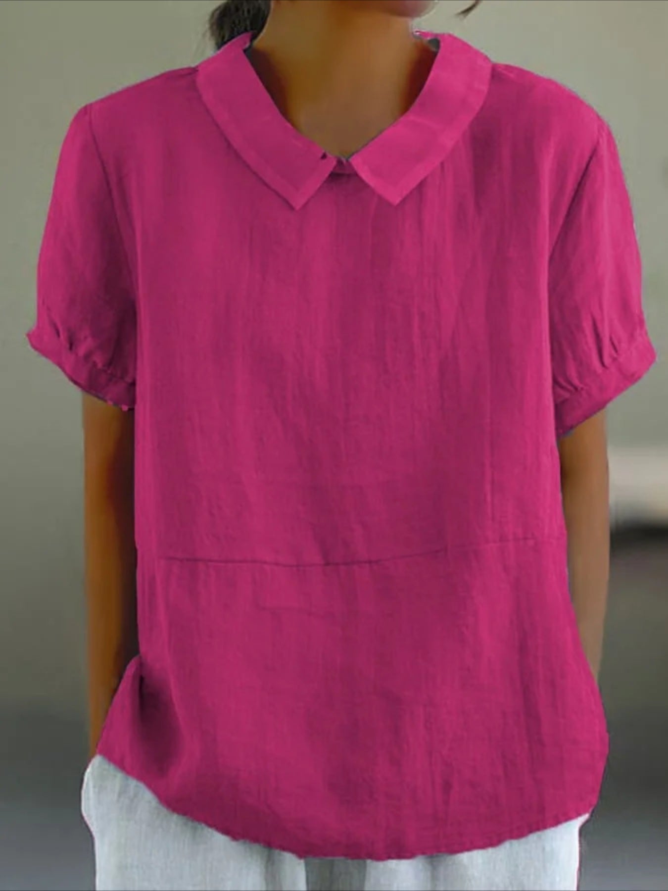 Solid Color Loose Lapel Short Sleeve Cotton Top