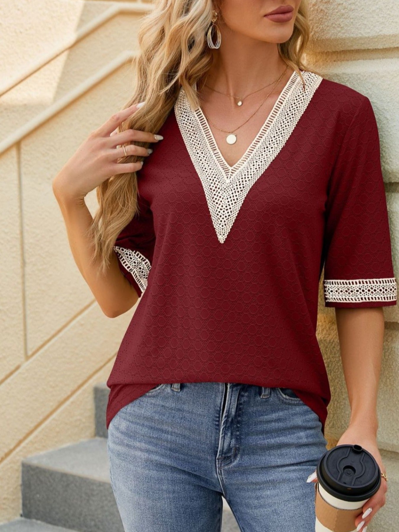 Guipure Lace V-neck Eyelet T-Shirt, Vintage Half Sleeve Loose T-Shirt