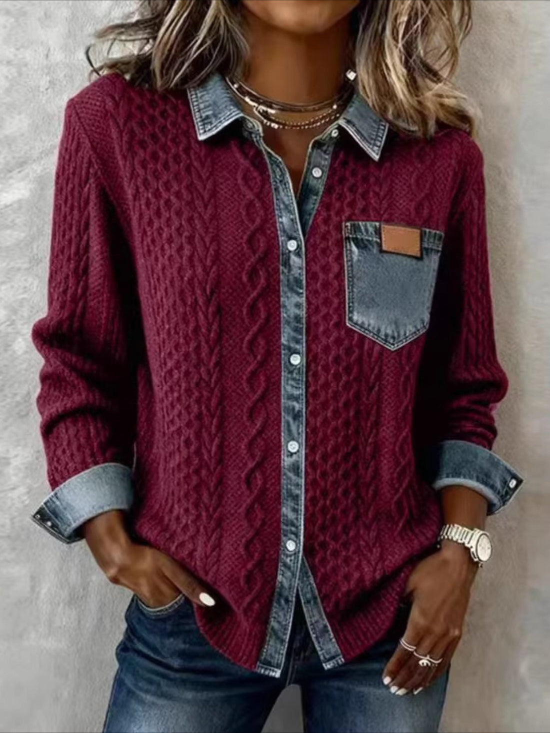 Multicolor Block Denim Patchwork Elegant Loose Shawl Collar Cardigan