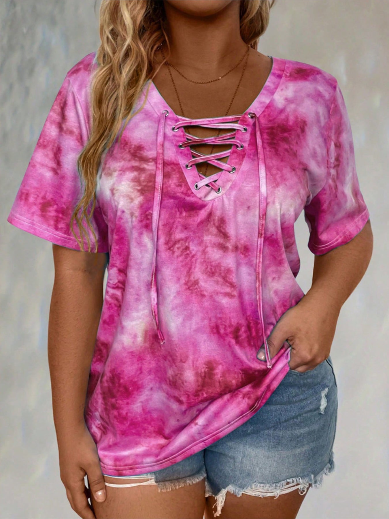 Print Front Button Drawstring Oversized Top