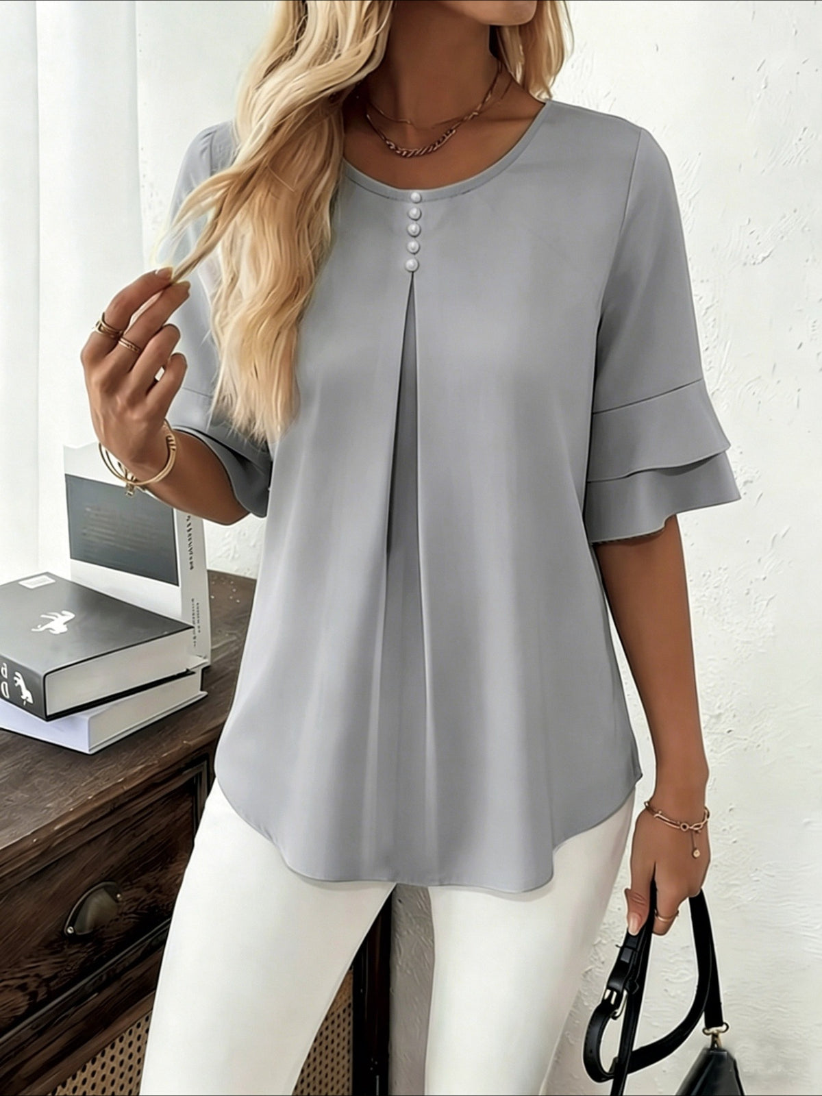 Elegant Fashion Summer Loose Solid Round Neck Button-Up Shirt Flared Sleeve Ruffle Top