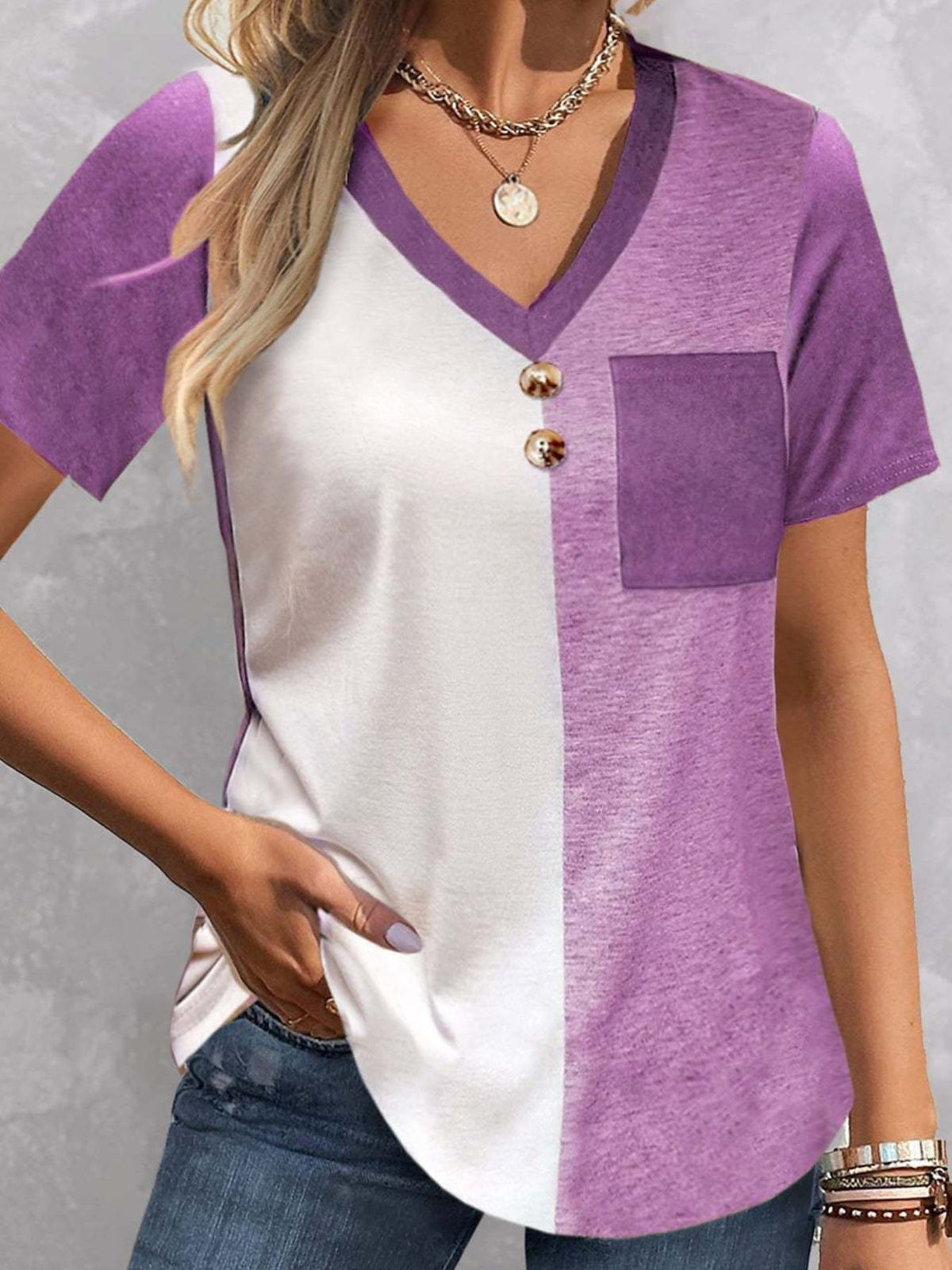 Women's Color Block V-Neck T-Shirt - Stylish and Comfortable Short Sleeve Top