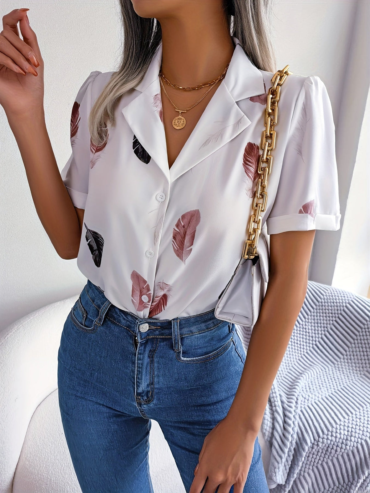 Feather Print Button Front Shirt, Casual Lapel Short Sleeve Shirt