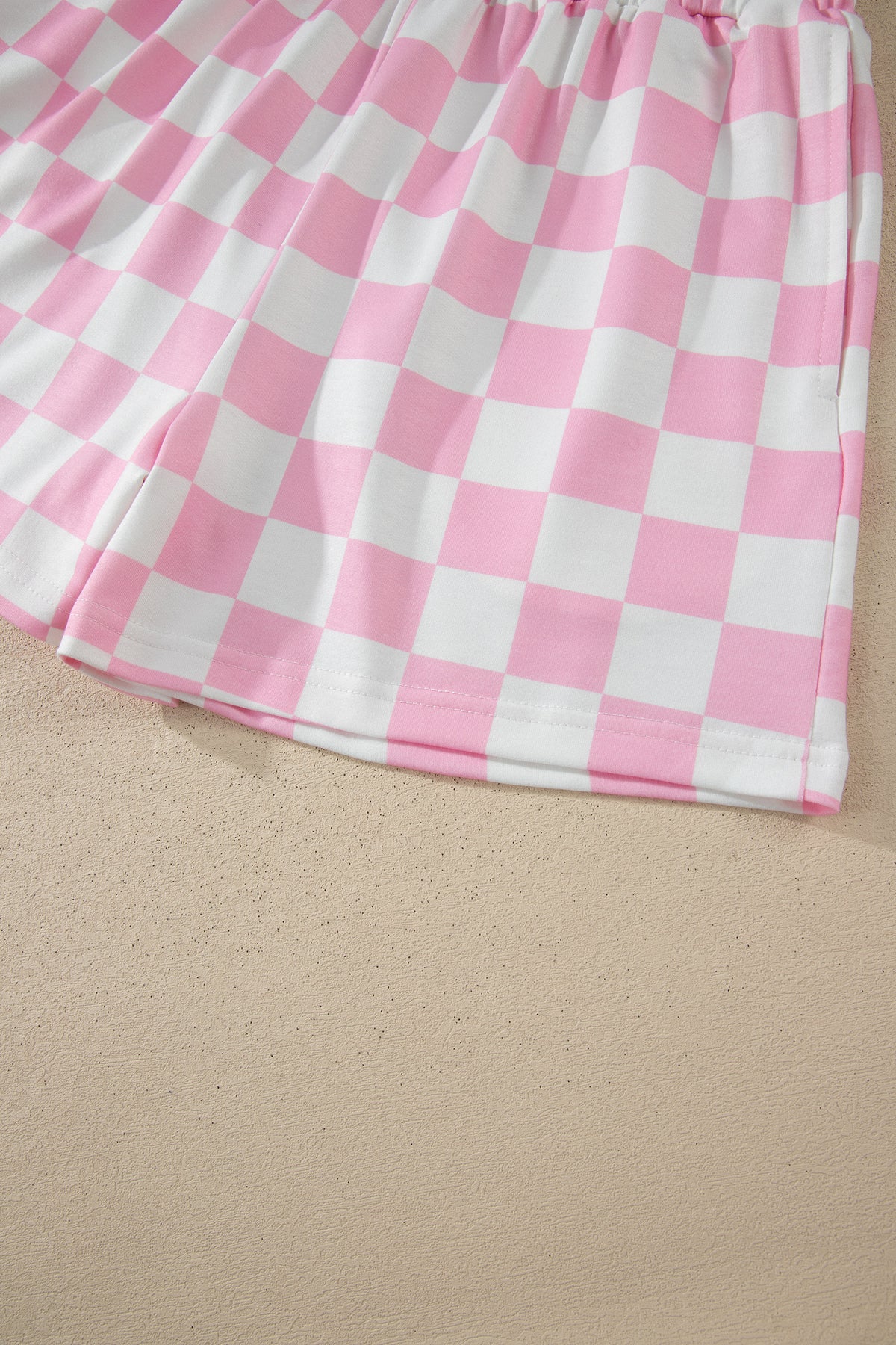Pink Checkered Print Color Block Trim Mock Neck Short Set