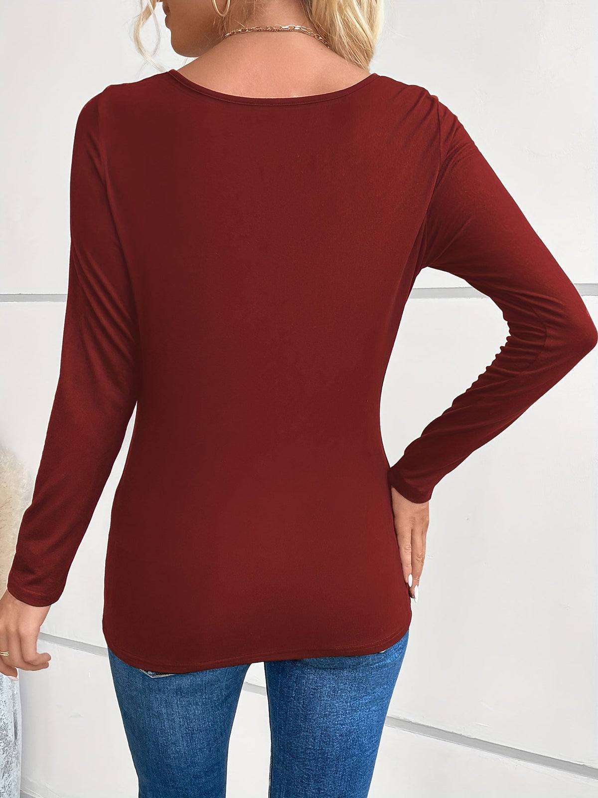 Rhinestone Print Faux Twinset Ruched T-Shirt, Casual Long Sleeve Top