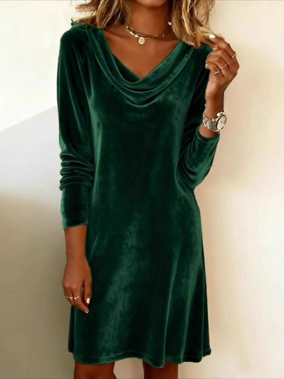 Long Sleeve Spring/Fall Golden Plain Split Joint Mini A-Line Fit & Flare Dress