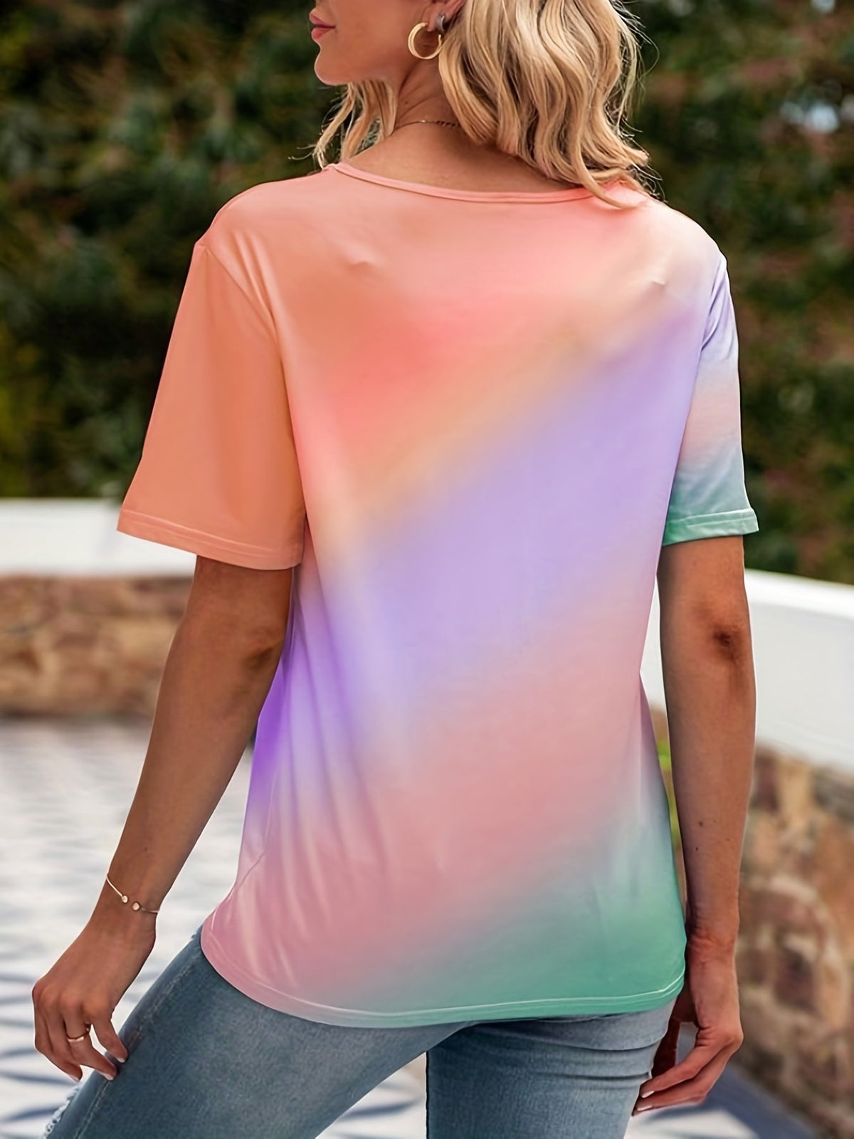 Gradient Print Crew Neck T-Shirt, Casual Short Sleeve T-Shirt