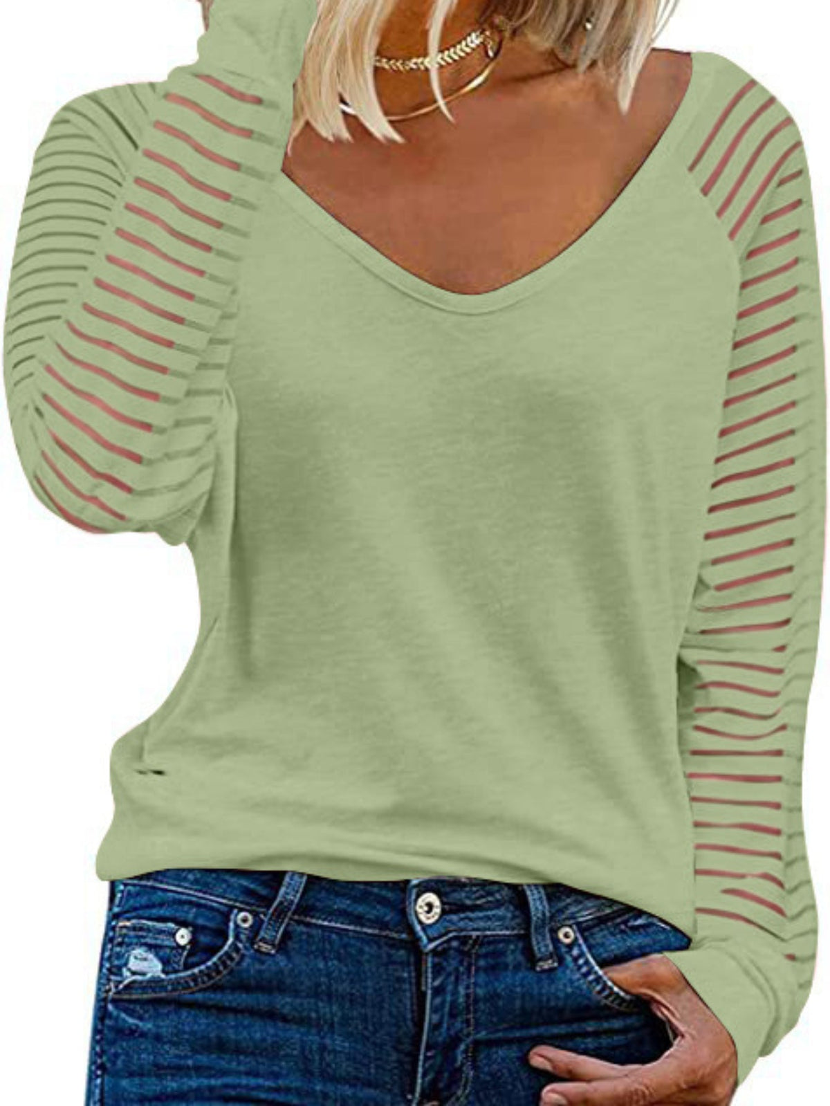 Striped Print Long Sleeve T-Shirt, Casual V Neck T-Shirt