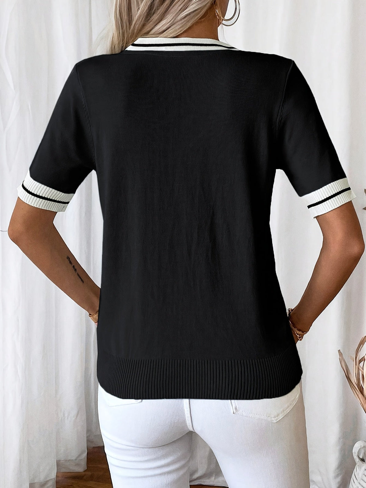 Color Block V-Neck Knit Elegant Short Sleeve Top