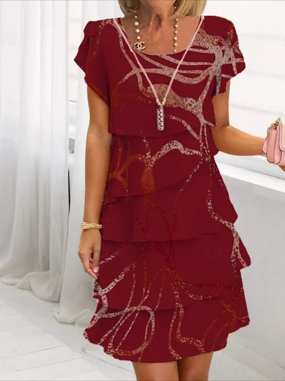 Elegant Daily Regular Fit Floral Geometric Short Sleeve Crew Neck Midi Dress