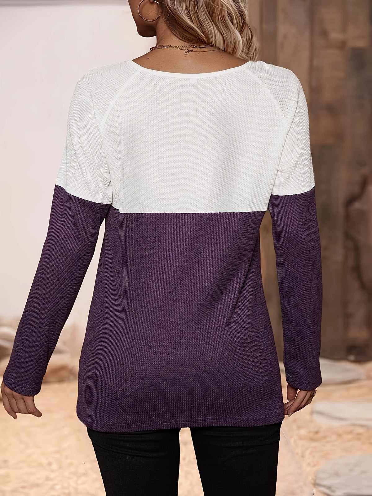 Women's Colorblock Button Decor Waffle Pattern Long Sleeve Round Neck Top