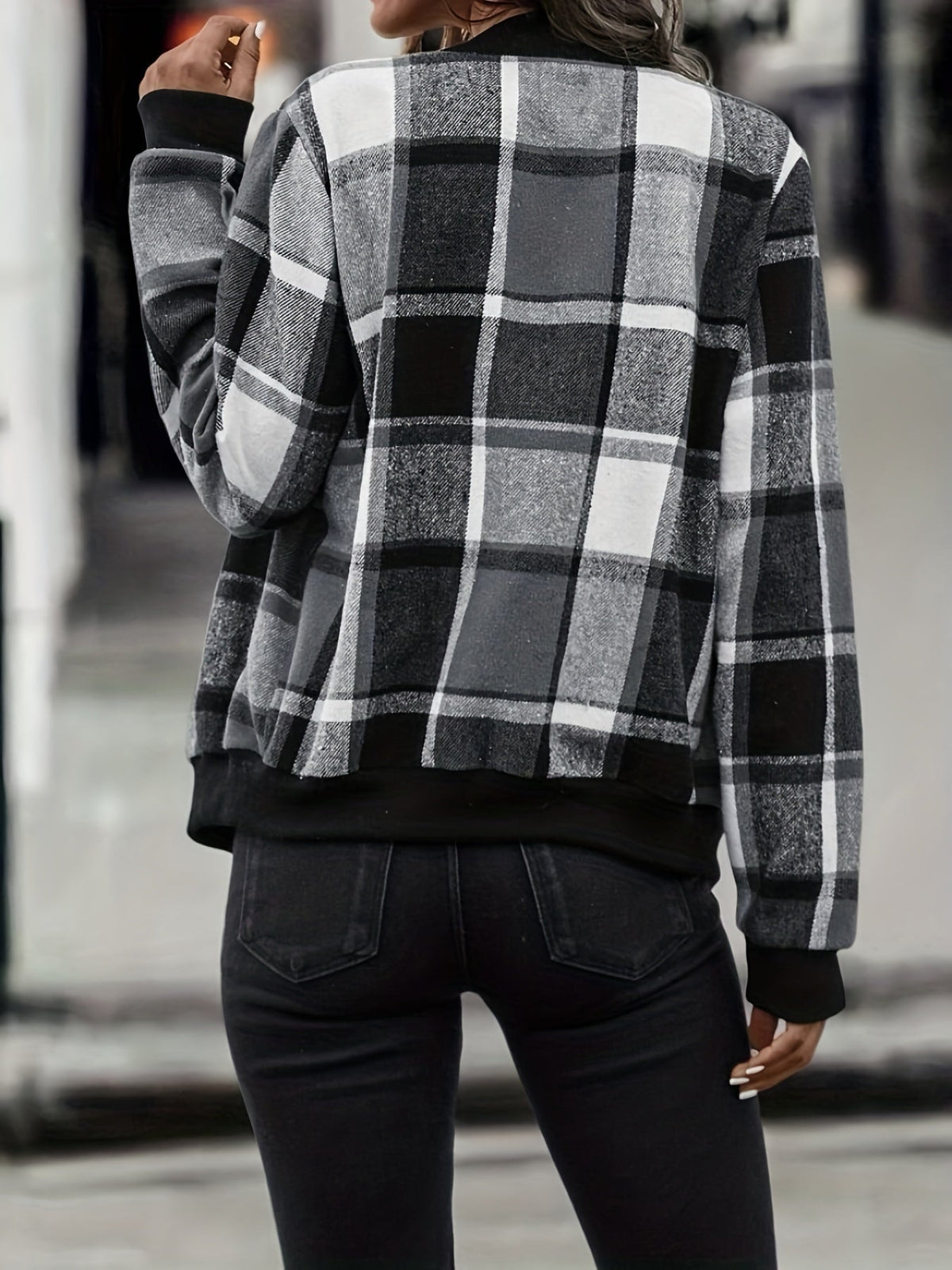 Plaid Print Bomber Jacket, Casual Zip Up Long Sleeve Outerwear