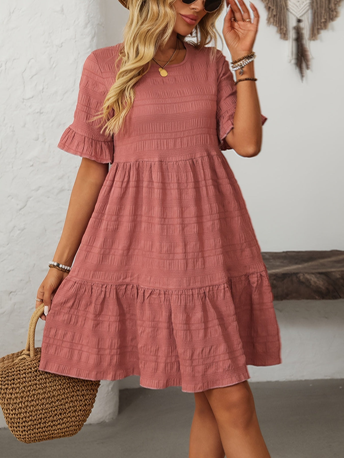 Square Neck Ruffle Detail Knee-Length Casual Short Sleeve Flowy Dress