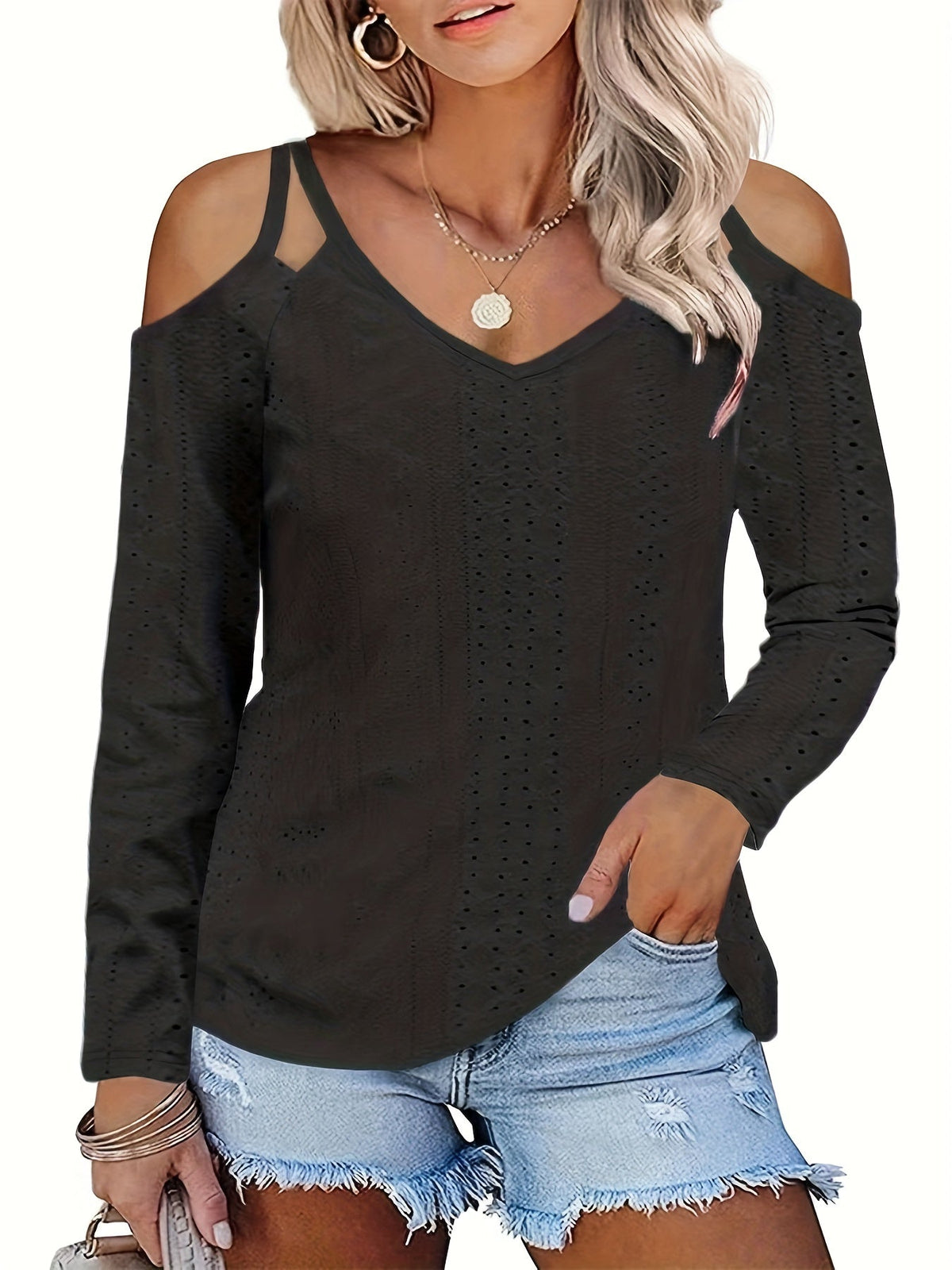 Casual Top, Women's Solid Eyelet Embroidered Cut Out Cold Shoulder Long Sleeve V Neck Top