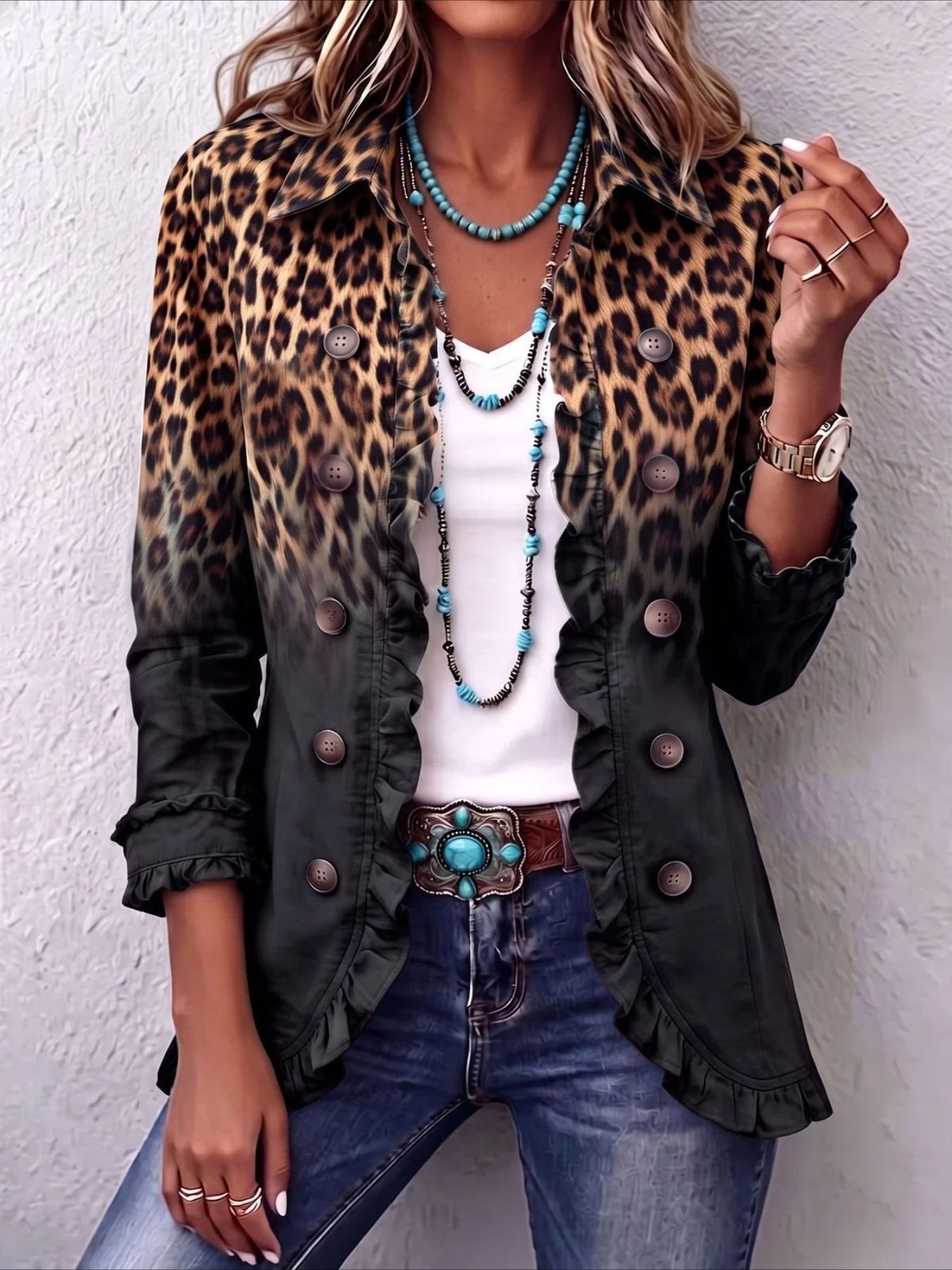 Leopard Pattern Print Long Sleeve Ruffle Edge Open Button Cardigan Coat