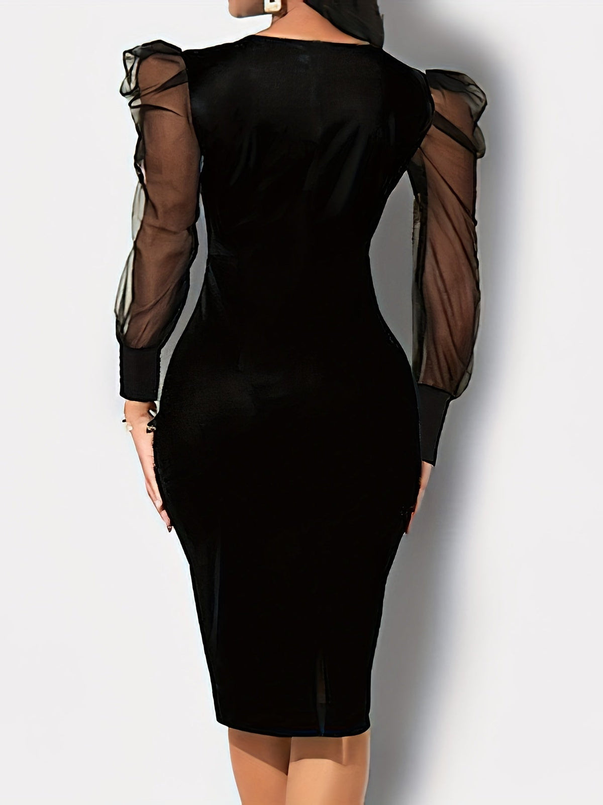 Butterfly Print Contrast Mesh Dress, Elegant Crew Neck Long Sleeve Dress