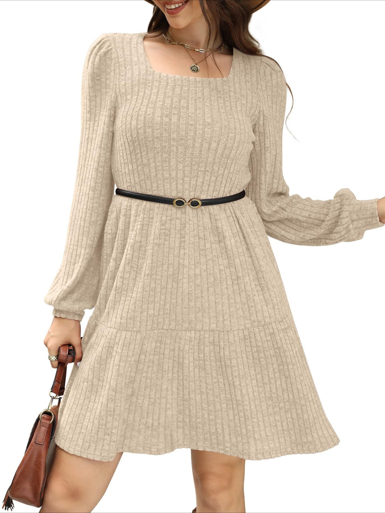 Square Neck Long Sleeve Dress with Pockets